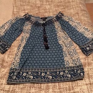 Lucky Brand smock neck top with tassels